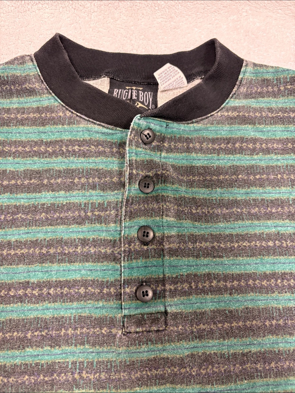 90s Vintage Bugle Boy Grandad Henley L Long Sleeve Stripe Plaid Eclectic med - Picture 5 of 8